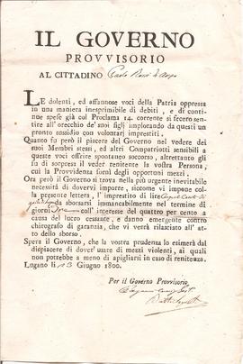 Il Governo provvisorio al cittadino Paolo Rossi di Arzo